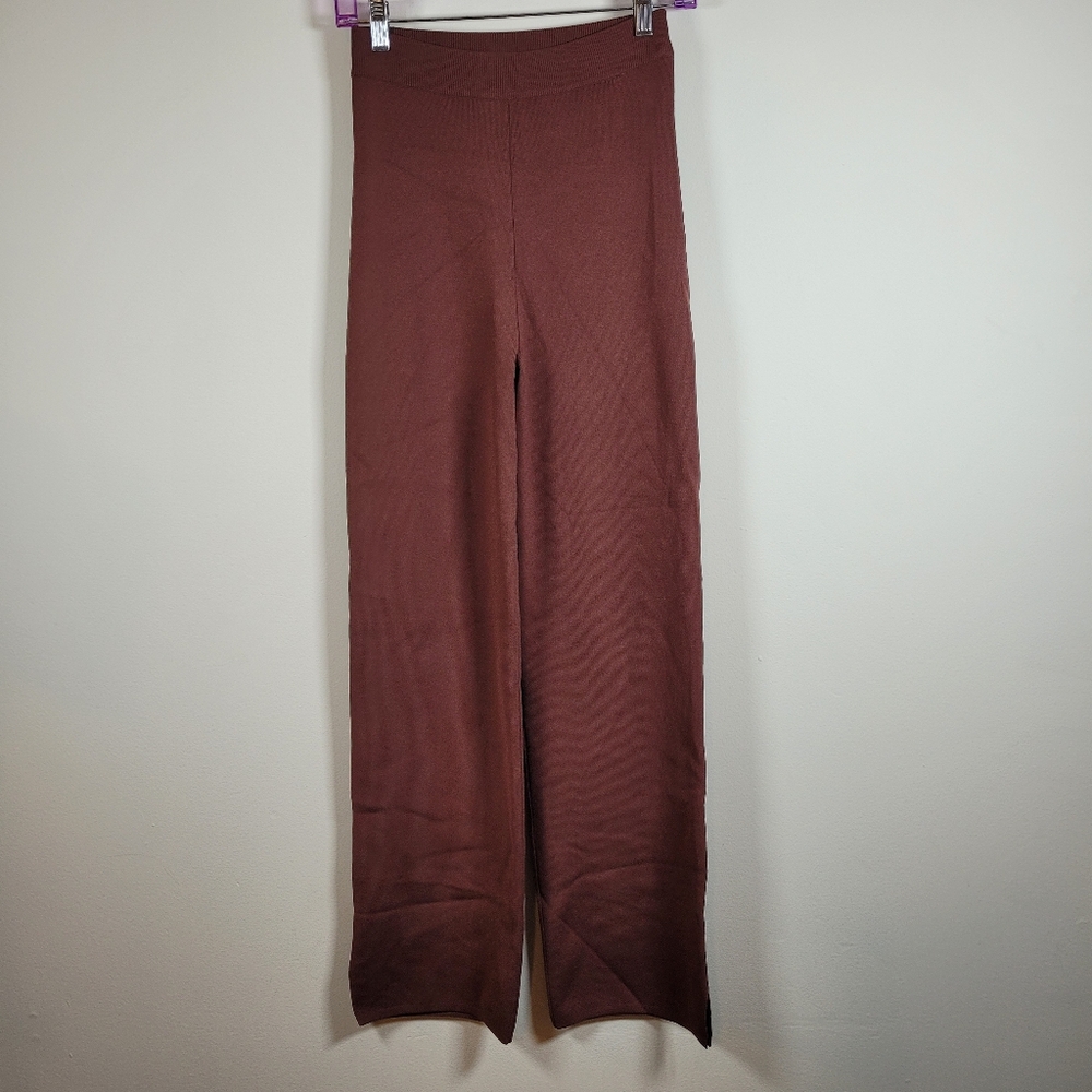 Nanushka Women's Ribbed Pants XS Brown High Rise Straight Leg Elastic Waist